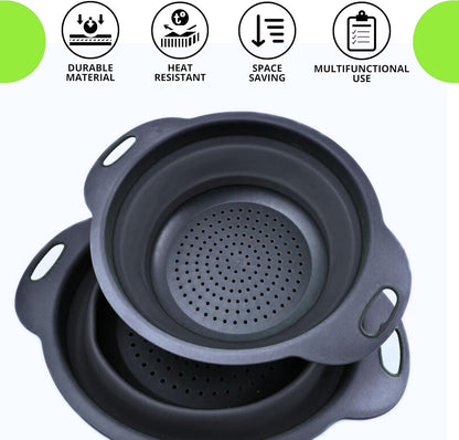 Green Kitchen Strainer Colander Set - 2 PCS Multifunctional Colander Silicone Food Strainers for Kitchen for Pasta and Spaghetti Collapsible with Plastic Handles