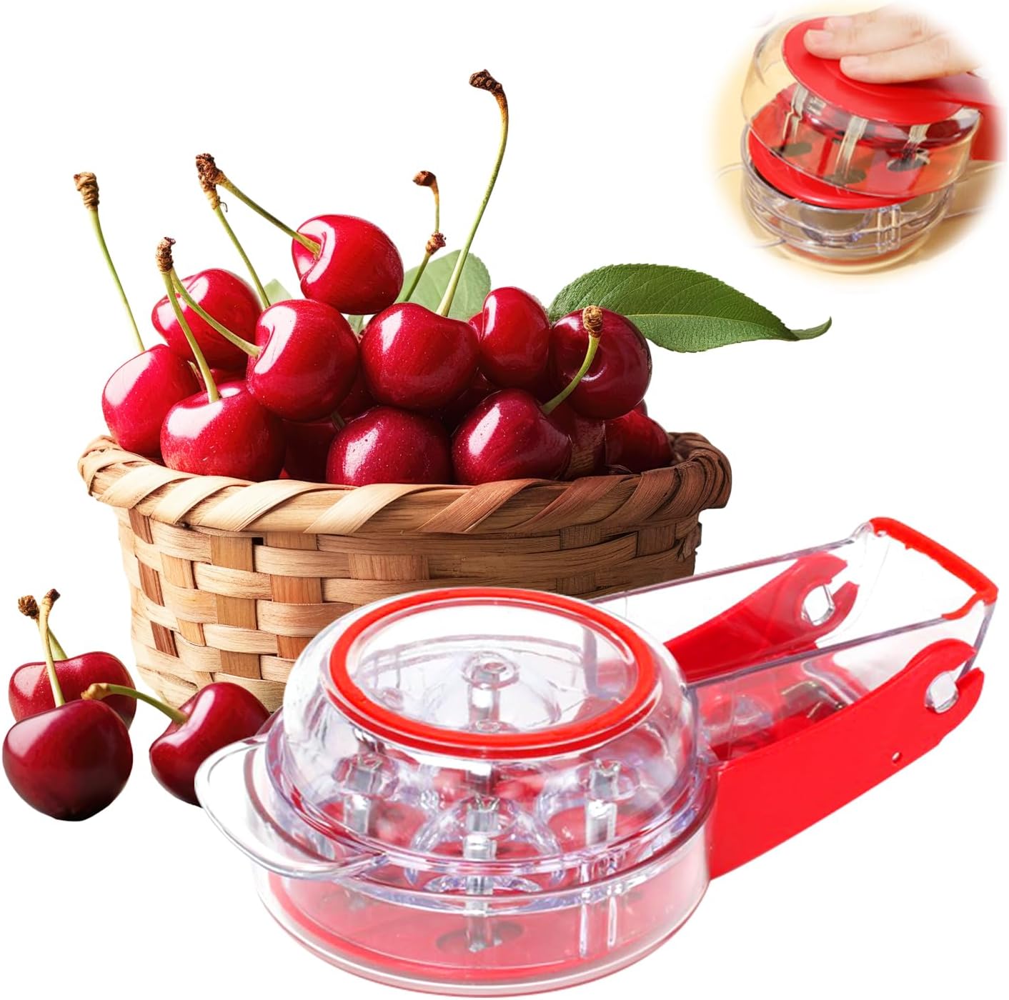 Cherry Pitter, Multi Cherry Stoner, Stainless Steel Multiple Cherry Stone Remover Tool, Cherry Seed Remover, Cherry Stone Seed Removal Core Easy Squeeze with Grip 6 Cherries Red