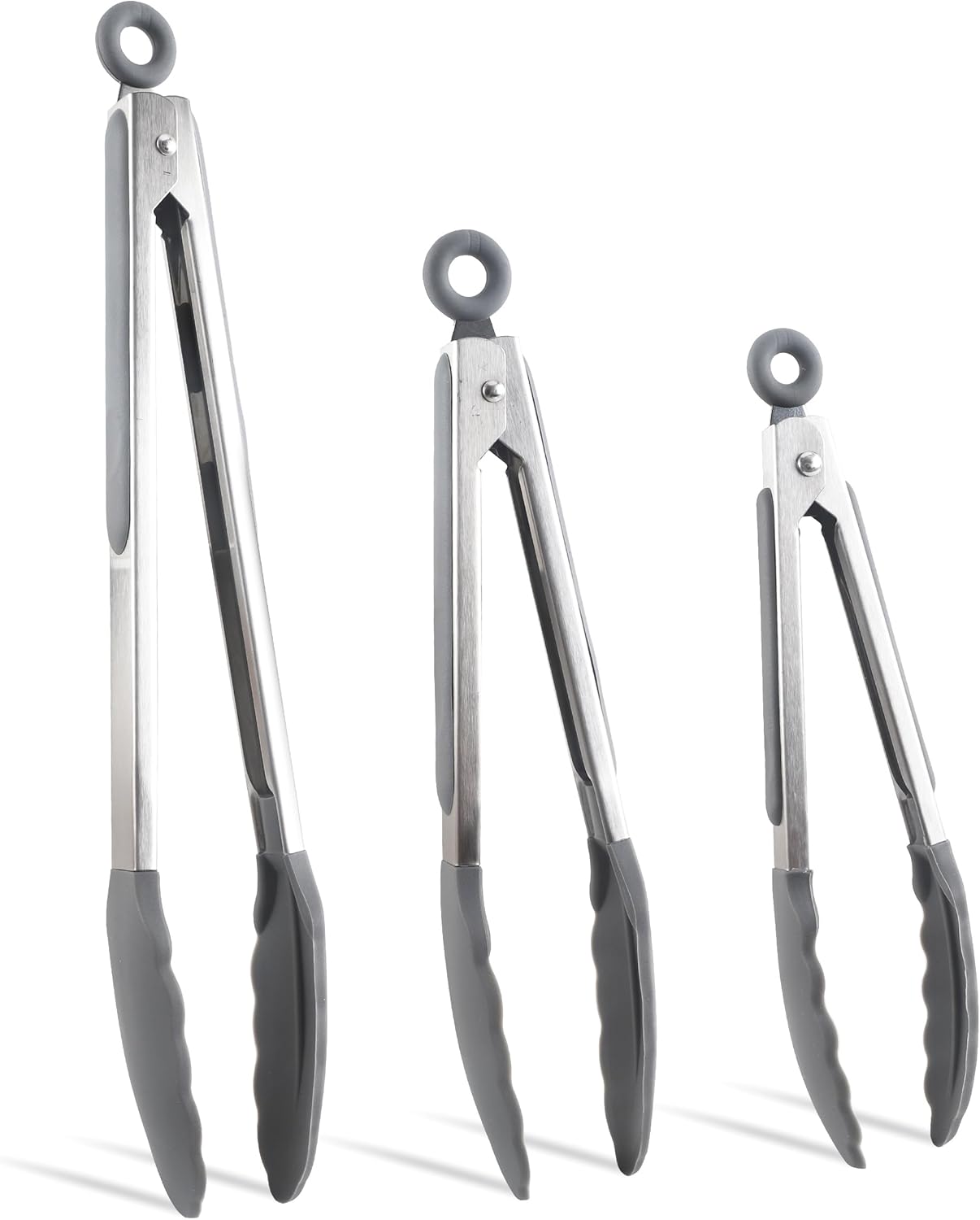 COOK WITH COLOR Stainless Steel Silicone Tipped Kitchen & BBQ Tongs Set, 3 Pc Utensils, Grey