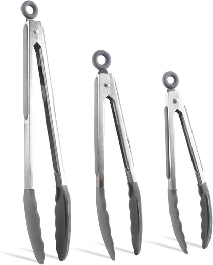 COOK WITH COLOR Stainless Steel Silicone Tipped Kitchen & BBQ Tongs Set, 3 Pc Utensils, Grey