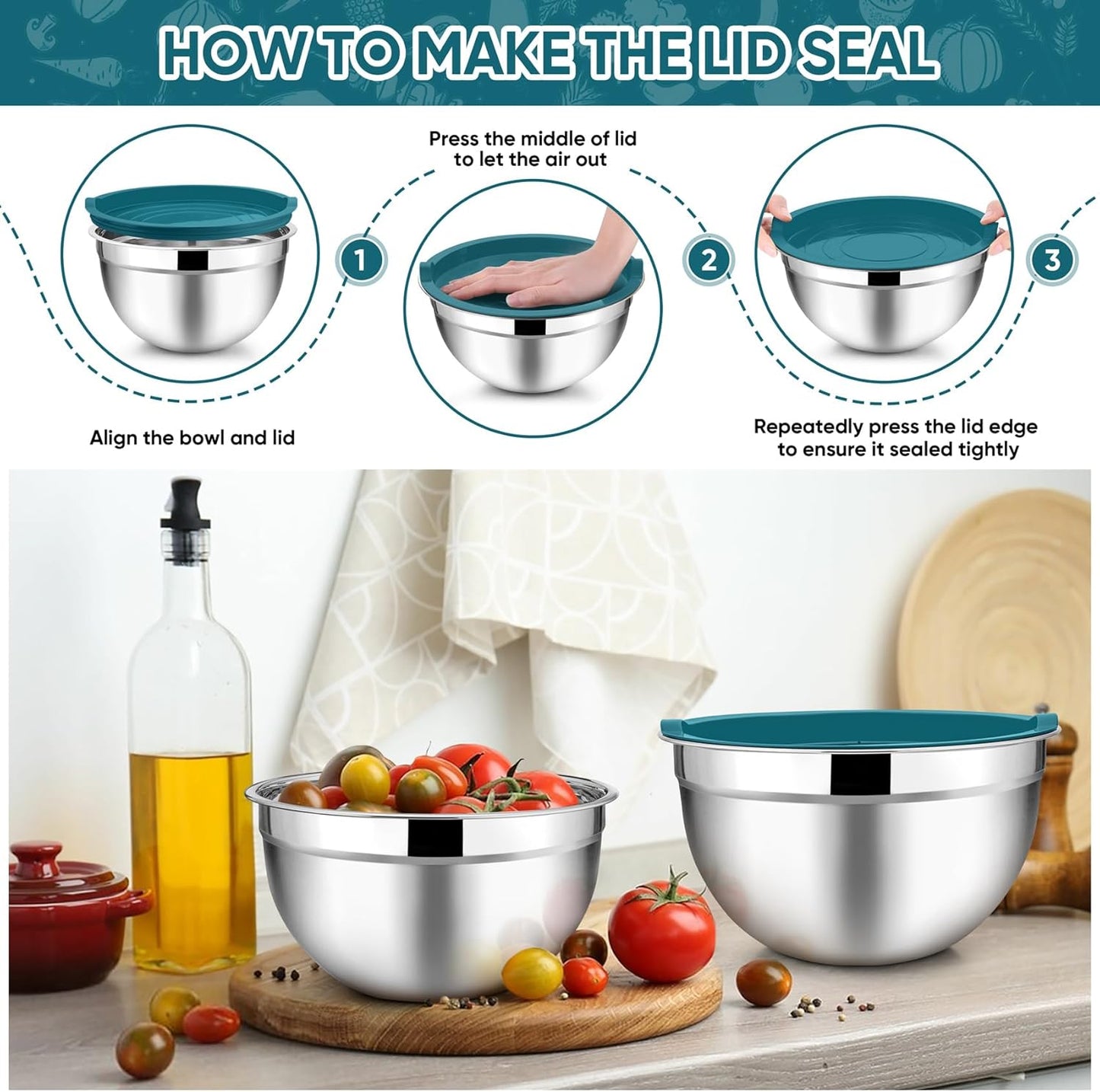TeamFar Mixing Bowls with Lids, 5-Piece Stainless Steel Metal Nesting Salad Bowl for Mixing Prepping, Healthy & Heavy Duty, Airtight Lids & Dishwasher Safe, 4.5/3/1.5/1/0.7 QT-Khaki