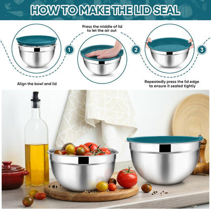 TeamFar Mixing Bowls with Lids, 5-Piece Stainless Steel Metal Nesting Salad Bowl for Mixing Prepping, Healthy & Heavy Duty, Airtight Lids & Dishwasher Safe, 4.5/3/1.5/1/0.7 QT-Khaki