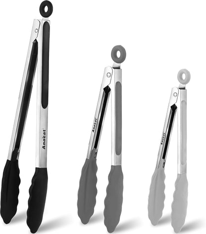Anaeat Non-Stick Silicone Locking Tong Set of 3 - Stainless Steel 7", 9", 12" Kitchen Food Tongs with Non-Slip Silicone Tips and Grip for Cooking, Baking and BBQ - Heat Resistant up to 480°F (Black)