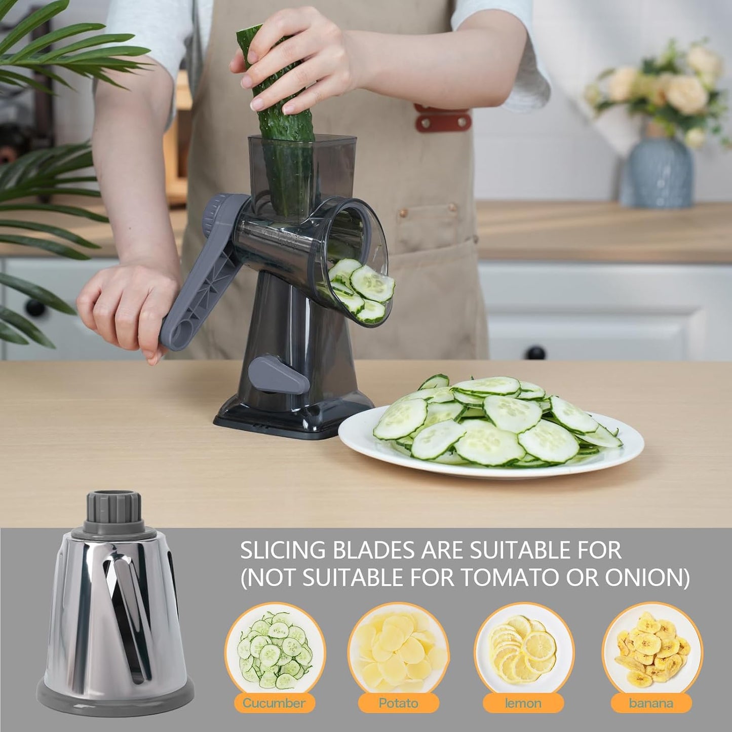 Rotary Cheese Grater with Handle-Versatile Cheese Grater Non-Slip Suction Base,Cheese Shredder & Food Slicer for Cheese,Carrots, Cucumbers,Nuts-Compact & Easy Clean Kitchen Kitchen Tool (blue)
