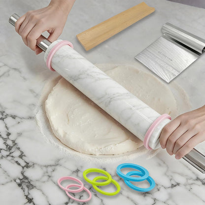 White Marble Rolling Pin with Stainless Steel Handles Baking Set - Silicone Baking Mat, Stainless Steel Dough Cutter, 3 Multicolor Thickness Guides & Wooden Base, Ideal for Pastry, Dough & Pizza