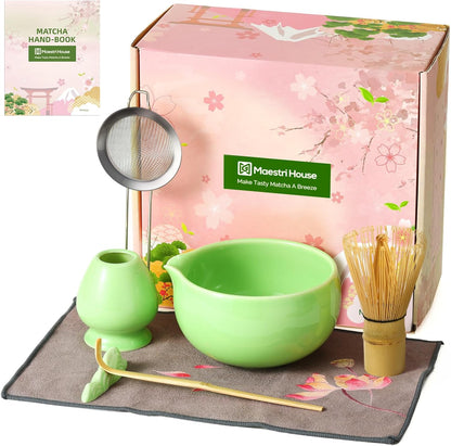 Maestri House Matcha Whisk Set, 7-Pc Complete Matcha Kit with Spouted Ceramic Bowl, Bamboo Whisk and Holder, Scoop, Spoon Rest & Sifter, Tea Cloth – Ideal Gift for Matcha Lovers (Green)
