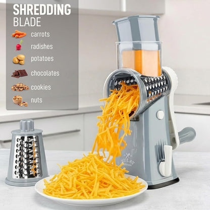 Zulay Kitchen Rotary Cheese Grater 5 Blade Cheese Shredder - Manual Hand Crank Cheese Grater With Reinforced Suction & 5 Interchangeable Drums - Easy to Use, Vegetable Chopper Round Mandoline Slicer - Colors A