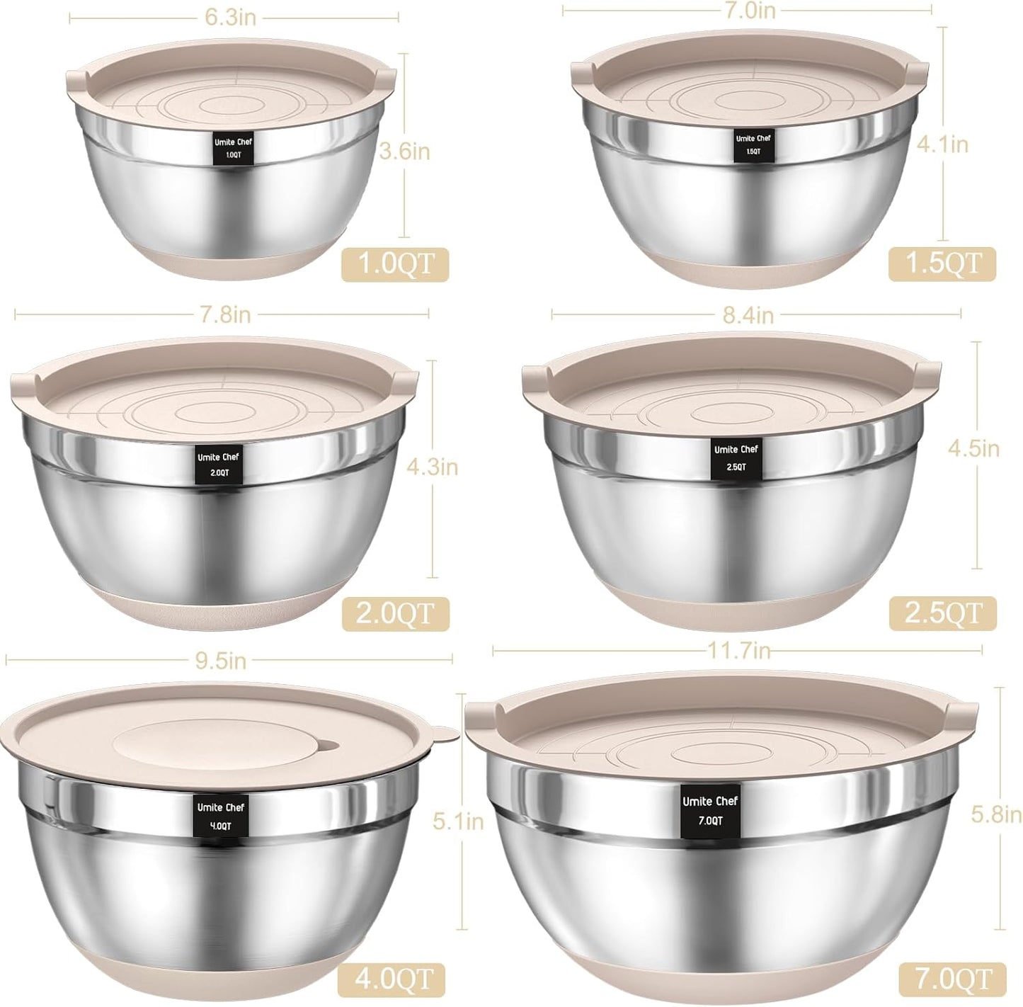 Thickened Heavy-Duty 26pcs Stainless Steel Bowl, Mixing Bowl Set with Lid, Grater Attachment, Non-Slip Bottom and Kitchen Gadget Set, Sizes 7, 4, 2.5, 2.0, 1.5, 1QT, Ideal for Mixing and Serving