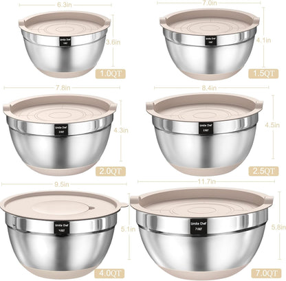 Thickened Heavy-Duty 26pcs Stainless Steel Bowl, Mixing Bowl Set with Lid, Grater Attachment, Non-Slip Bottom and Kitchen Gadget Set, Sizes 7, 4, 2.5, 2.0, 1.5, 1QT, Ideal for Mixing and Serving