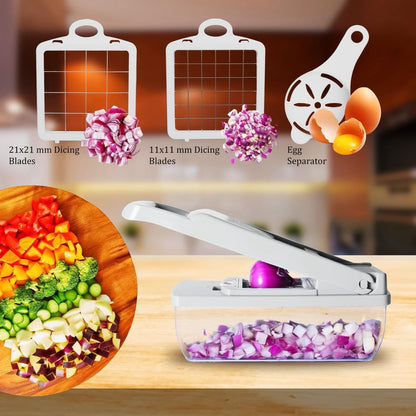 Kalmat Dynamics Food Chopper and Vegetable Slicer, 16-in-1 Multi-Function Kitchen Chopper with 7 Blades and Container, Free Black Cooking Apron (Pink+White)