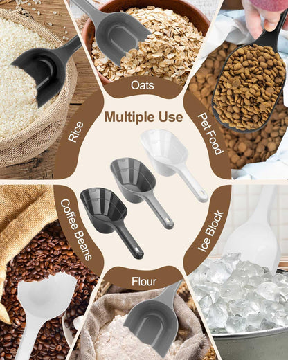 3PACK Dog-Cat Food-Scoop Measuring-Cup,1 Cup Capacity Versatile Plastic Pet Food Scoop with Measuring Lines 1 Cup and 1/2 Cup for Precise Portion Control (Black, Grey and Green)