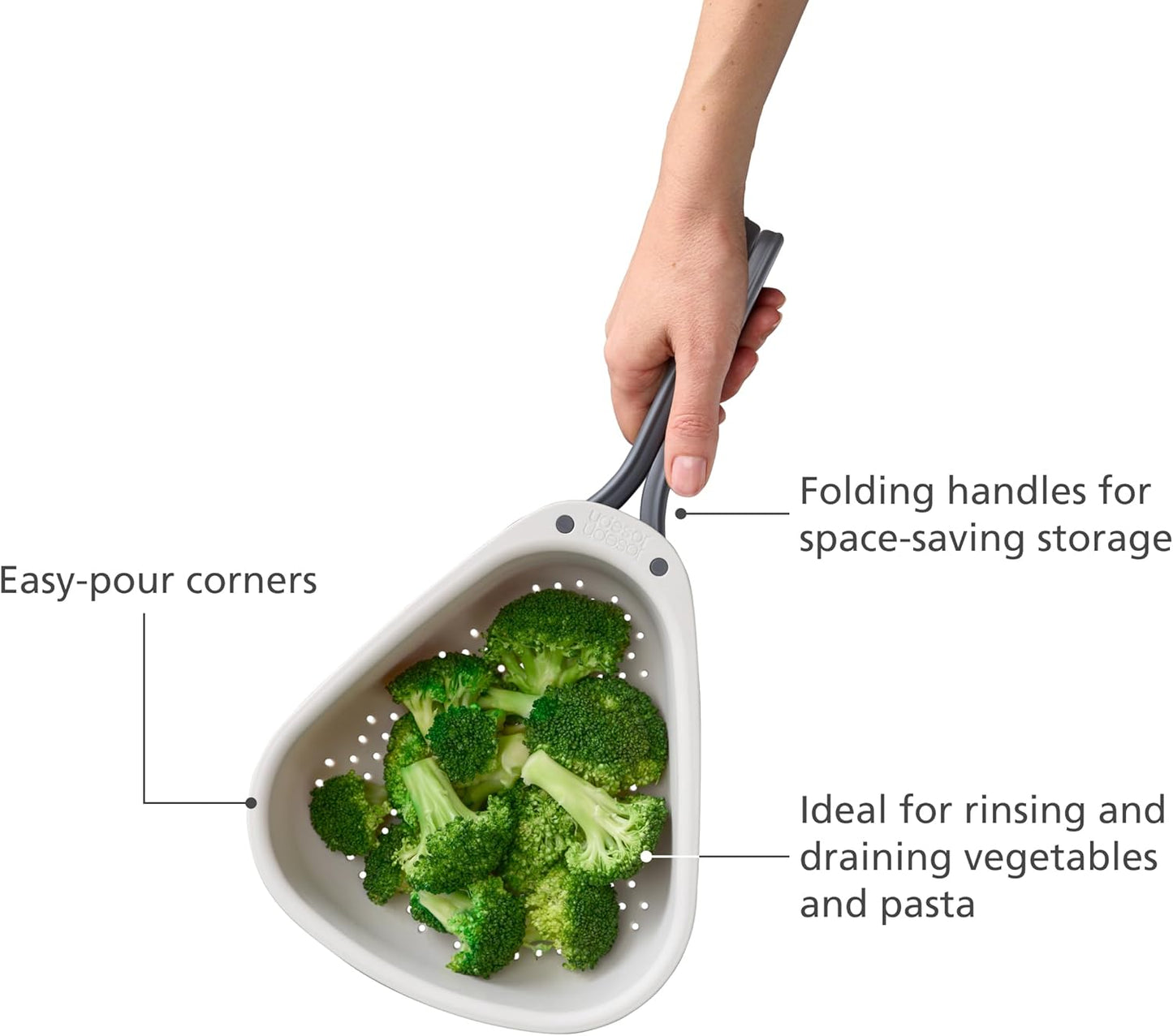 Joseph Joseph Droplet Compact Colander with Folding Handles, Space-Saving Design, Easy-Pour Corners, for Draining Vegetables, Pasta, Fruits