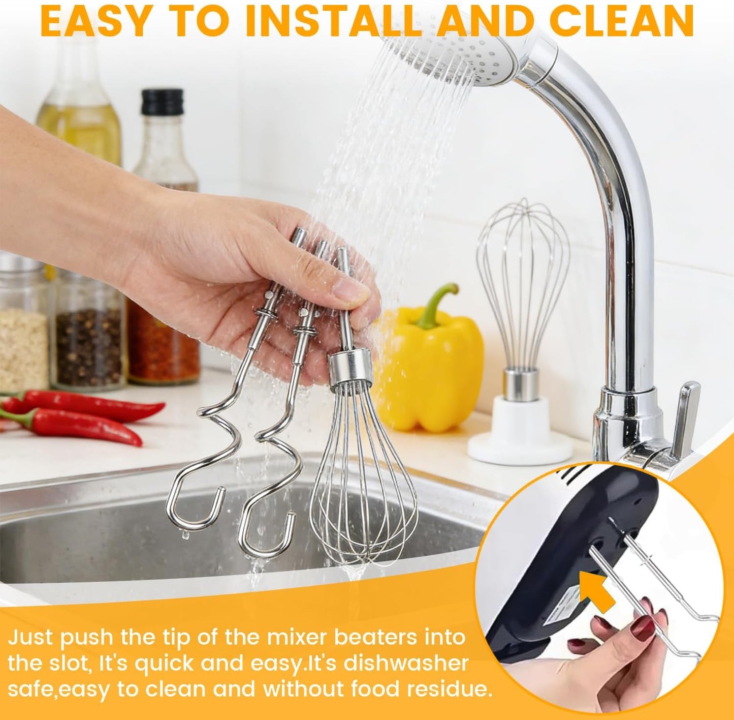 6 Pcs Hand Mixer Beater Attachments for KitchenAid Hand Mixers KHM3 KHM5 KHM7 KHM9, Stainless Steel Hand Mixer Beaters, Whisk, Blending Rod and Dough Hooks