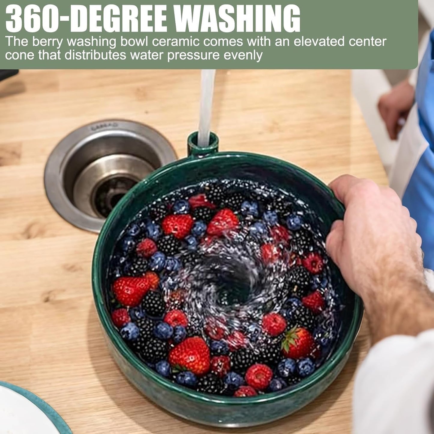 Pod Pottery Berry Washing Bowl Ceramic - Hydro Vortex Fruit Colander with Integrated Drain Spout - 360-Degree Automatic Rotating Rinser for Grapes & Vegetables - Elevated Center Cone (Green)