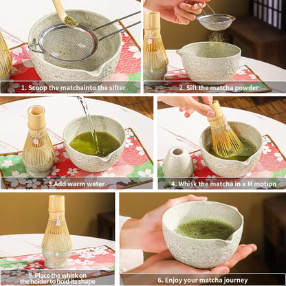 8-Piece Matcha Ceremony Set - Tea Kit with Cherry Blossom Bowl, Bamboo Whisk, Wood Scoops, Tea Cloth & Floral Display - Gift-Ready Pink Cherry color box (blue)