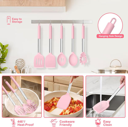 TeamFar Cooking Utensils Set, 5 PCS Silicone Kitchen Utensils with Stainless Steel Handle, for Nonstick Cookware Flipping Frying Turning Draining, Heatproof & Healthy, Nonstick & Easy Clean, Black