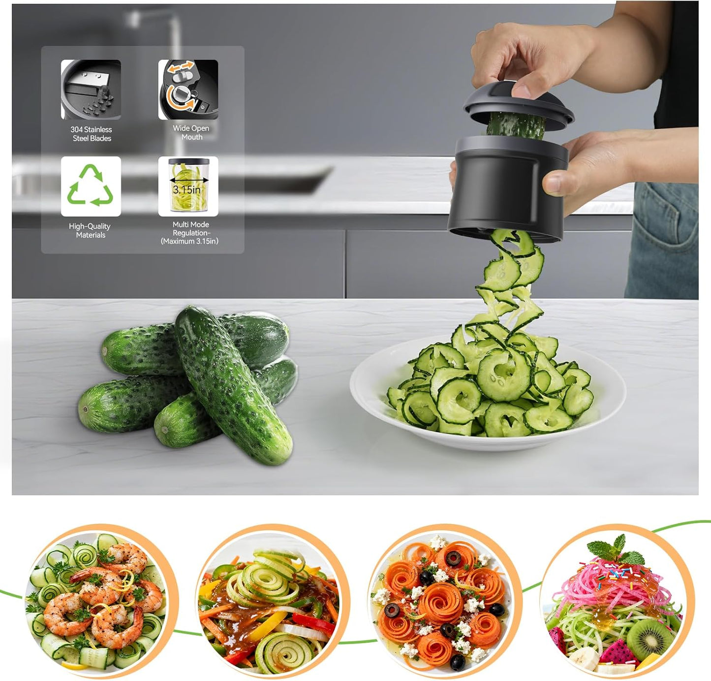 3 in 1 Vegetable Spiralizer Slicer, Adjustable Thickness 0-3mm, Zucchini Spiralizer Veggie Noodle Maker for Cucumber/Zoodle/Salad/Spaghetti/Pasta with Food Container, Cleaning Brush, Black