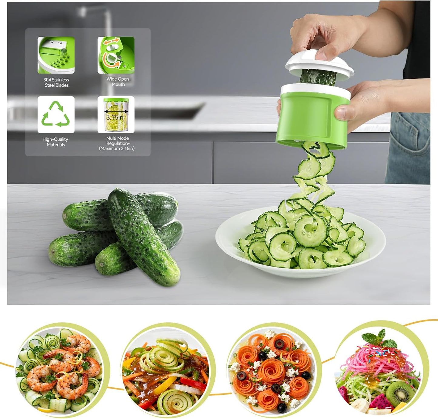 3 in 1 Vegetable Spiralizer Slicer, Adjustable Thickness 0-3mm, Zucchini Spiralizer Veggie Noodle Maker for Cucumber/Zoodle/Salad/Spaghetti/Pasta with Food Container, Cleaning Brush, Black