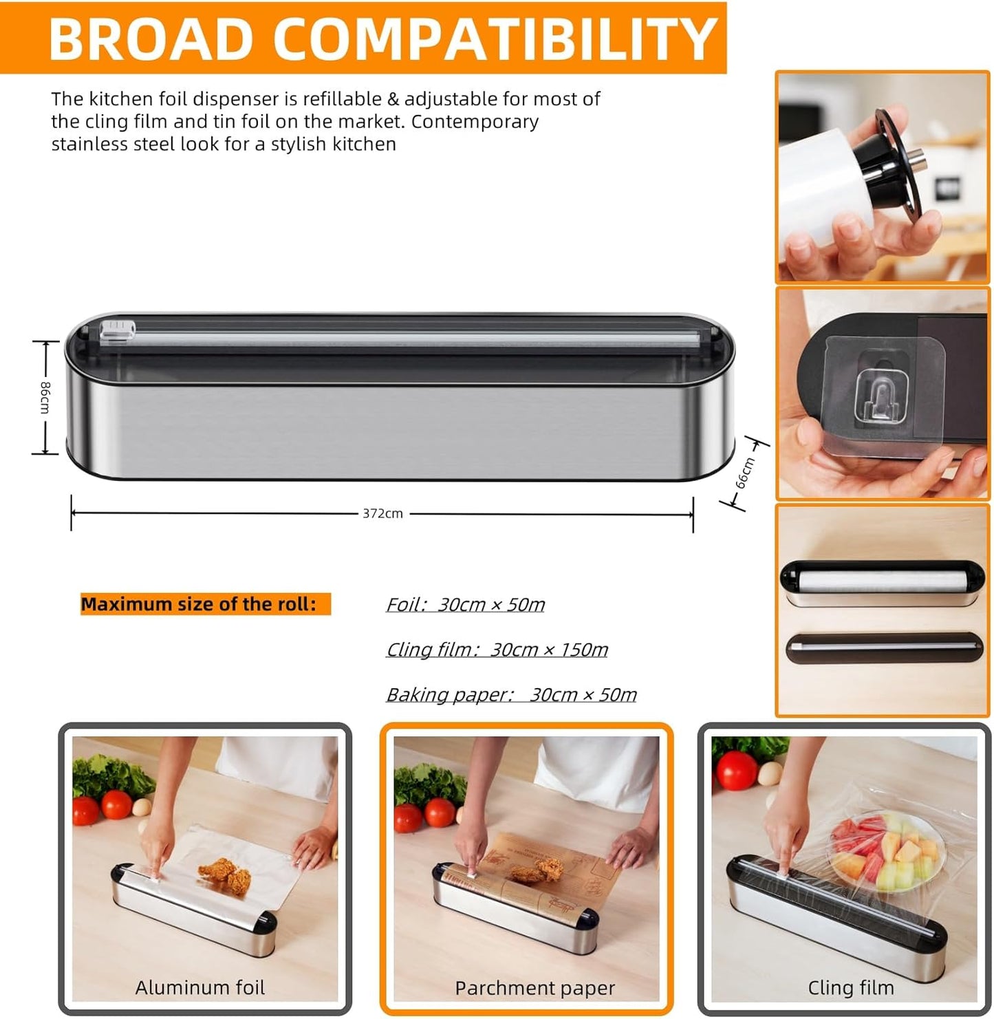 Aluminum Foil & Plastic Wrap Dispenser with Cutter - Magnetic & No-Drill Wall Mount, Stainless Steel Design, Space-Saving Kitchen organizer for Countertops & Cabinets - Fits 12" Rolls, Silver