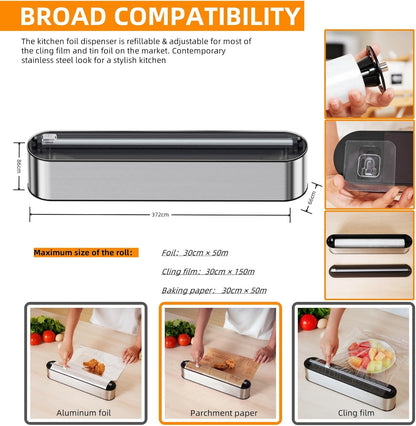 Aluminum Foil & Plastic Wrap Dispenser with Cutter - Magnetic & No-Drill Wall Mount, Stainless Steel Design, Space-Saving Kitchen Organizer for Worktops & Cabinets - Fits 12" Rolls, Silver