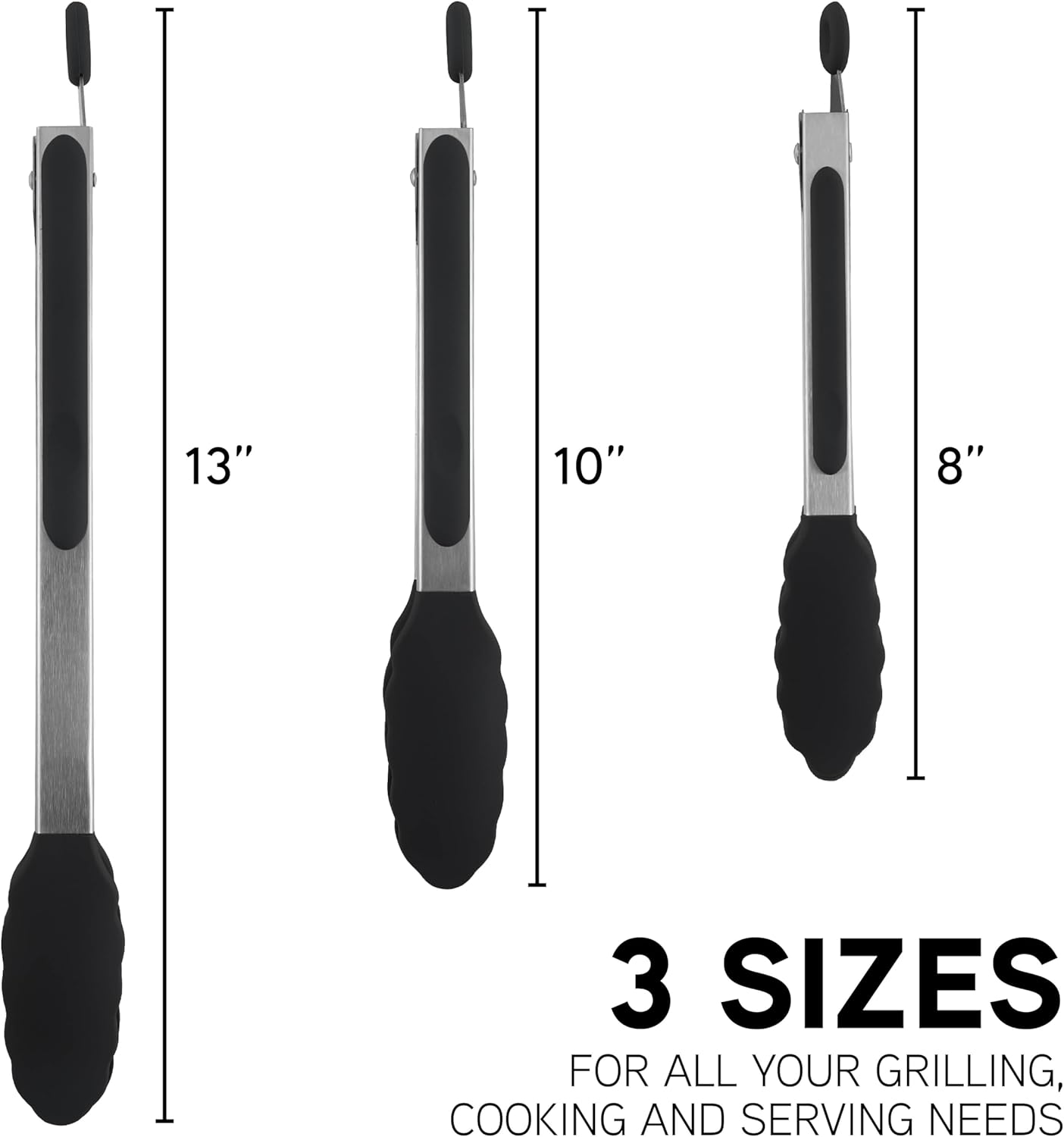 COOK WITH COLOR Stainless Steel Silicone Tipped Kitchen & BBQ Tongs Set, 3 Pc Utensils, Grey