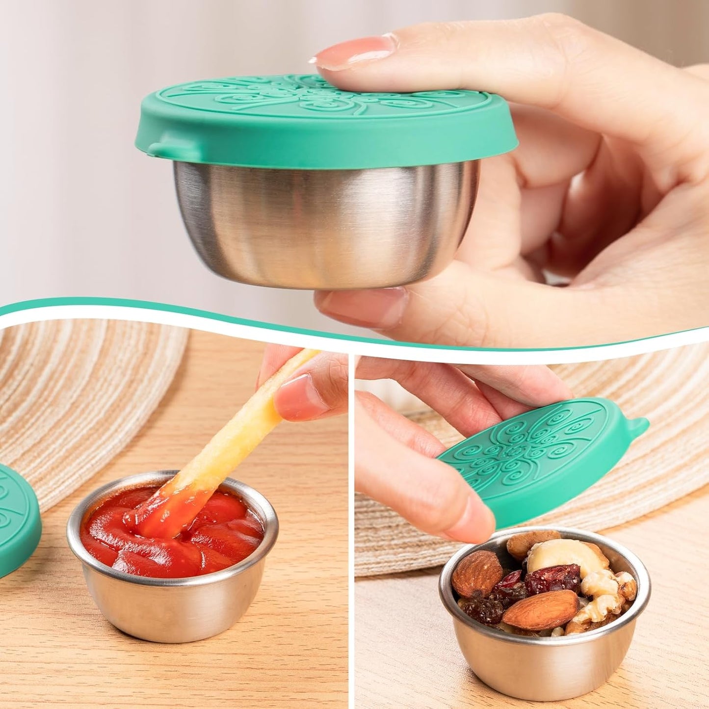MICEBAY 8-Pack Salad Dressing Container To Go, 2-oz Silicone Small Condiment Squeeze Bottles and 1.6 oz Stainless Steel Sauce Containers Cups, Leakproof Condiment Containers with Lids for Lunch Box