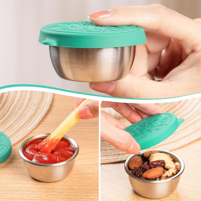 MICEBAY 8-Pack Salad Dressing Container To Go, 2-oz Silicone Small Condiment Squeeze Bottles and 1.6 oz Stainless Steel Sauce Containers Cups, Leakproof Condiment Containers with Lids for Lunch Box