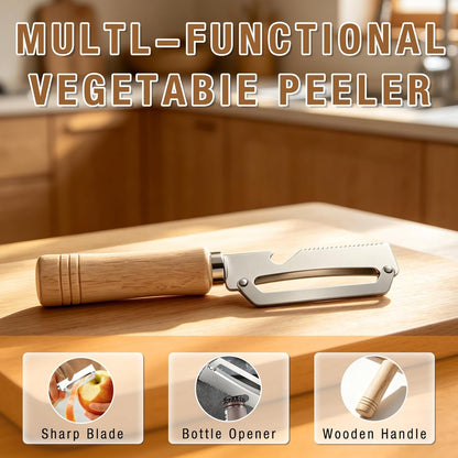 Multifunctional Vegetable Peeler Set, Handheld Fruit Peeler with Ultra-Sharp Stainless Steel Blade, Wooden Handle & Bottle Opener, Kitchen Tool for Potato Pumpkin Apple Carrot, 2 Pack