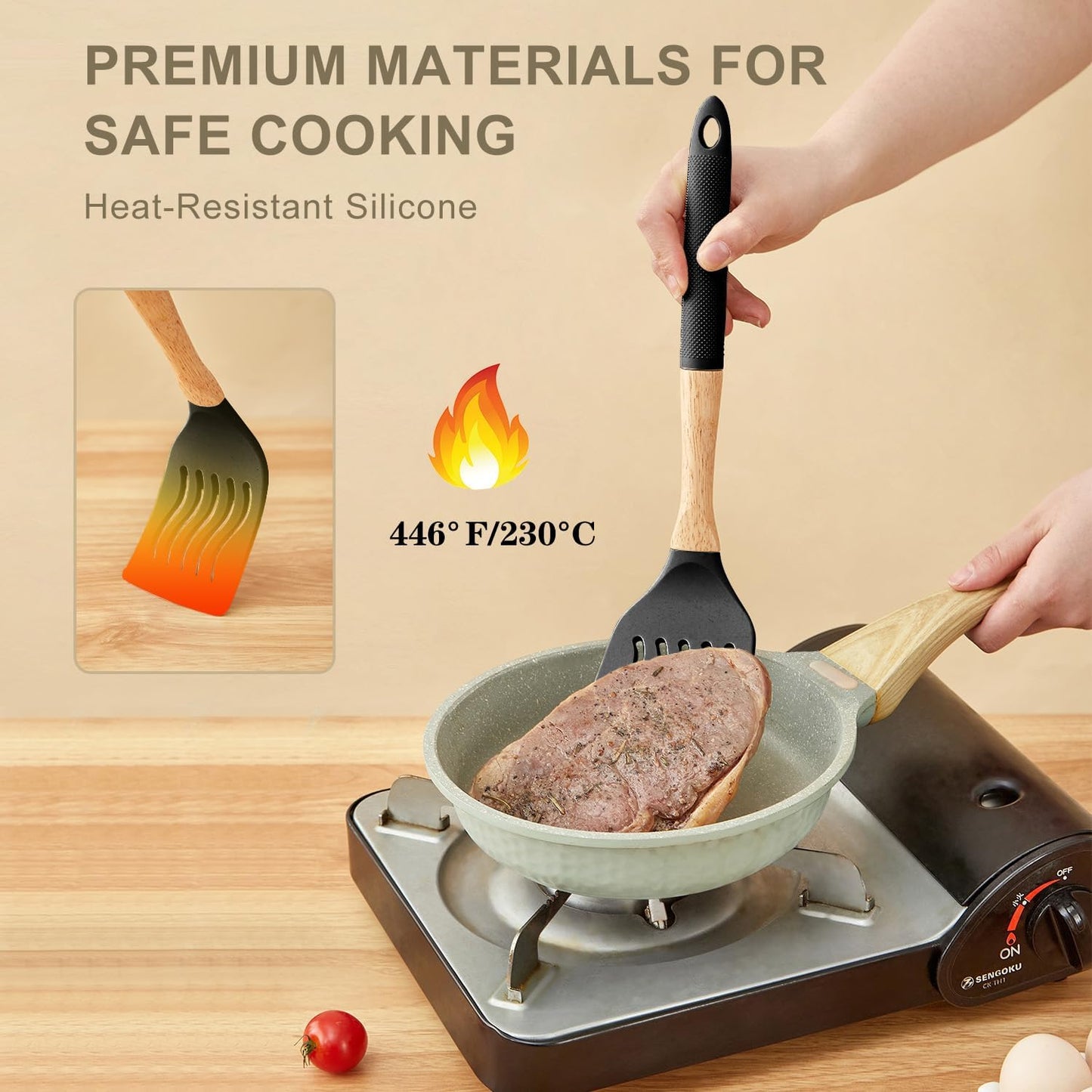 Kitchen Utensils Set - 34 PCS Non-Stick Silicone Cooking Utensils Set Spatula Set with Holder, Wooden Handle Spoon,Brush,Whisk Kitchen Gadgets Tools Set for Nonstick Cookware (Cream White-34P)