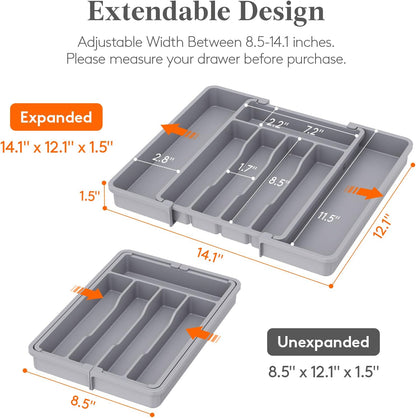 Lifewit Silverware Drawer Organizer, Expandable Utensil Tray for Kitchen, BPA Free Flatware and Cutlery Holder, Adjustable Plastic Storage for Spoons Forks Knives, 11-18 x 14", Black