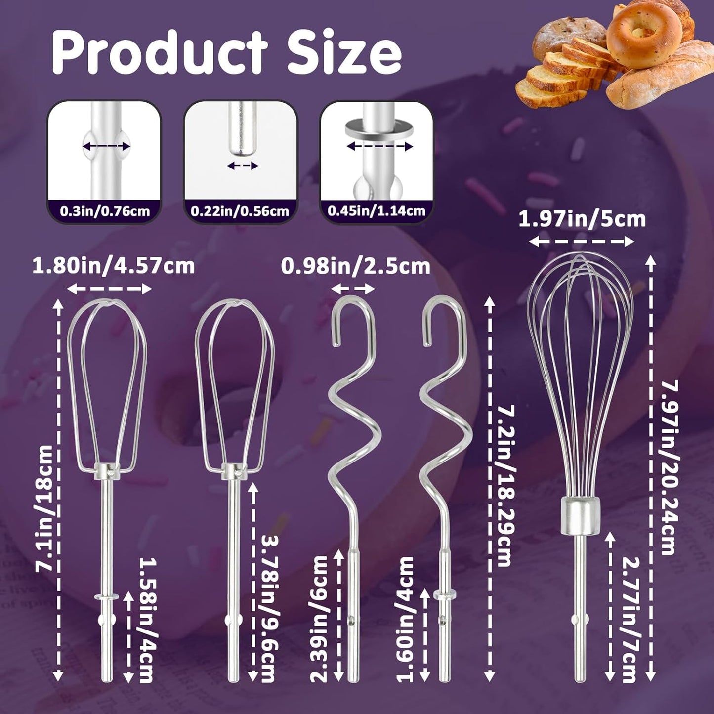 5 PCS Hand Mixer Attachments, Professional Hand Mixer Replacement Beaters, Whisk and Dough Hooks, Replacement Beaters Hand Mixer Compatible with KHM3 KHM5 KHM7 KHM9
