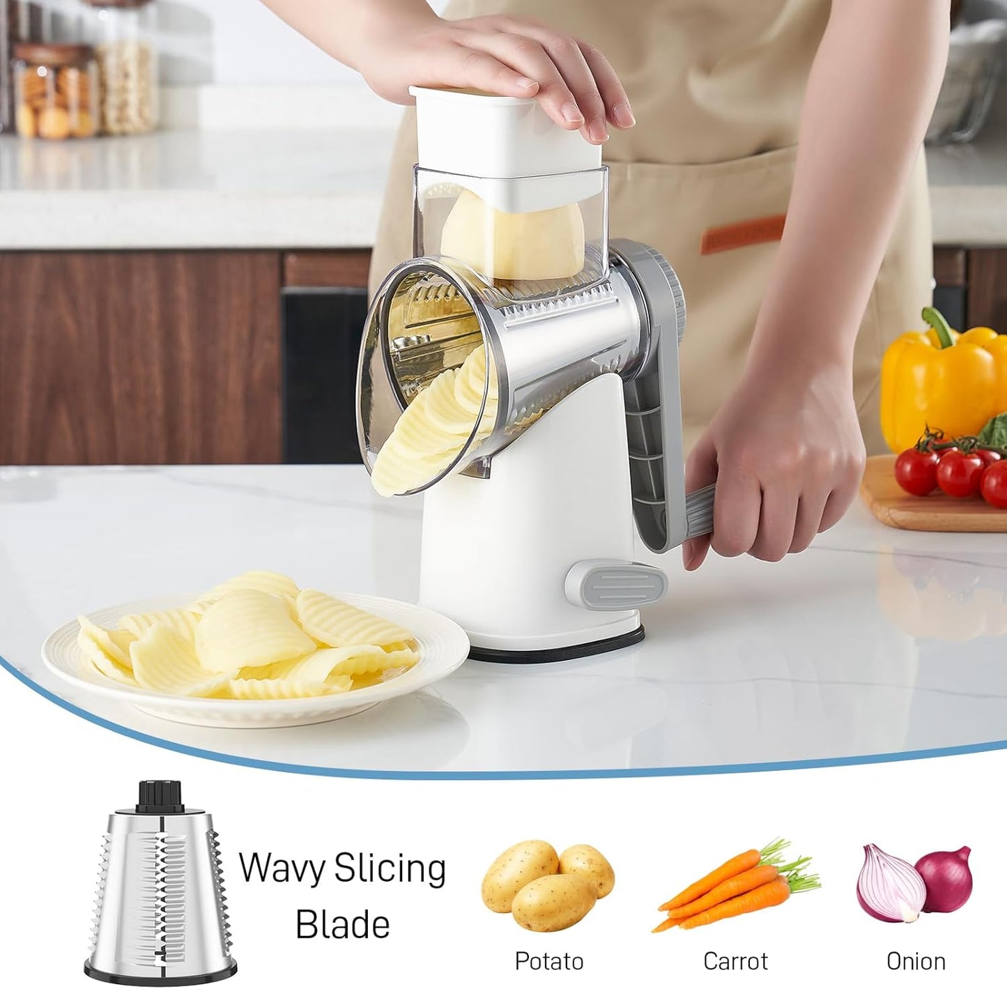 VEKAYA Rotary Cheese Grater Hand Crank with 4 Interchangeable Stainless Steel Blades, Large Manual Handle Shredder and Waffle Slicer for Vegetables, Cheese and Nuts with Table Suction Base(Blue)