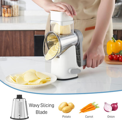 VEKAYA Rotary Cheese Grater Hand Crank with 4 Interchangeable Stainless Steel Blades, Large Manual Handle Shredder and Waffle Slicer for Vegetables, Cheese and Nuts with Table Suction Base(Blue)