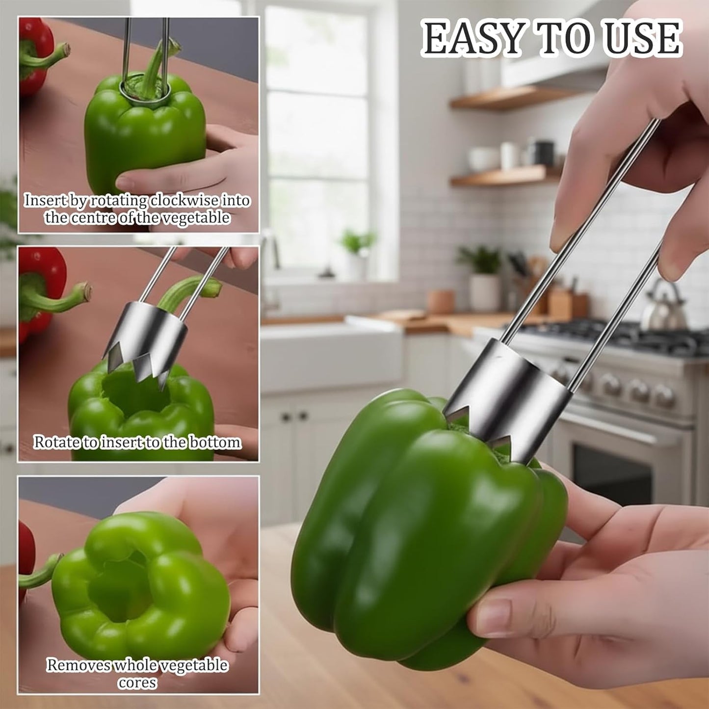 3PCS Red Bell Pepper Seed Corer-Multifunctional Fruit And Vegetable Core Remover,Kitchen Gadgets for Pepper, Pineapple, Pear (silvery)