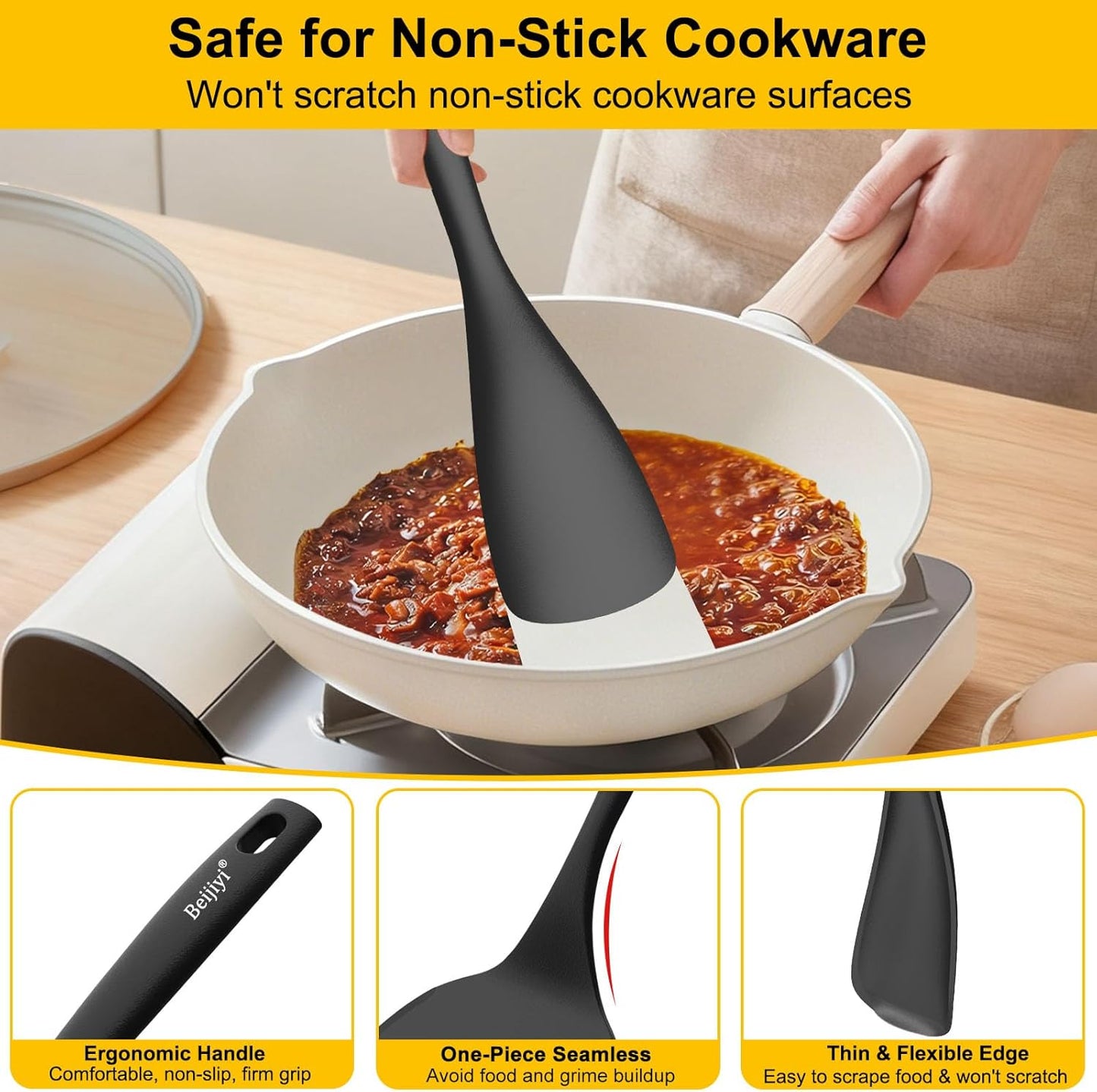Beijiyi Silicone Spatula Set of 4, 600°F Heat Resistant, BPA Free Kitchen Spatula and Spoons for Nonstick Cookware, Solid & Slotted Turner Cooking Utensils for Serving, Flipping Egg, Pancakes (Khaki)