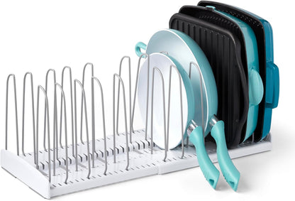 YouCopia StoreMore Expandable Cookware Rack with Tall Steel Wires, 12.5"-22" Wide Adjustable Pan Organizer for Kitchen Cabinet Storage, Premium Edition