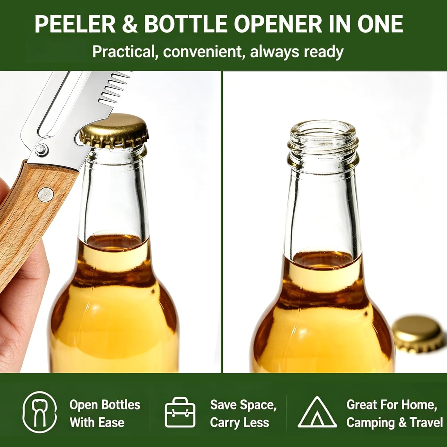 2 Pack Multi-Functional Vegetable Peeler, 3 in 1 Multi Functional Wooden Handle Peeler and Bottle Opener, Kitchen Gadgets Tool for Fruit Pumpkin Peeling Potato Carrot Veggie Peeler