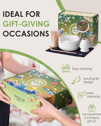 Matcha Whisk Set, Ceramic Matcha Set Includes Bowl with Spout, Whisk and Holder, Bamboo Scoop, Sifter and Tea Towel - 6 Pcs Matcha Kit Gift for Matcha Lovers (White)
