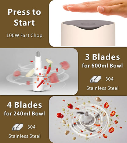 Mini Garlic Chopper, 250ml Small Food Processor Cordless 1 Cup, Battery USB-C Rechargeable Electric Food Chopper Wireless, Portable Garlic Grinder Masher,Veggie Meat Blender Mincer Kitchen Mixer,White