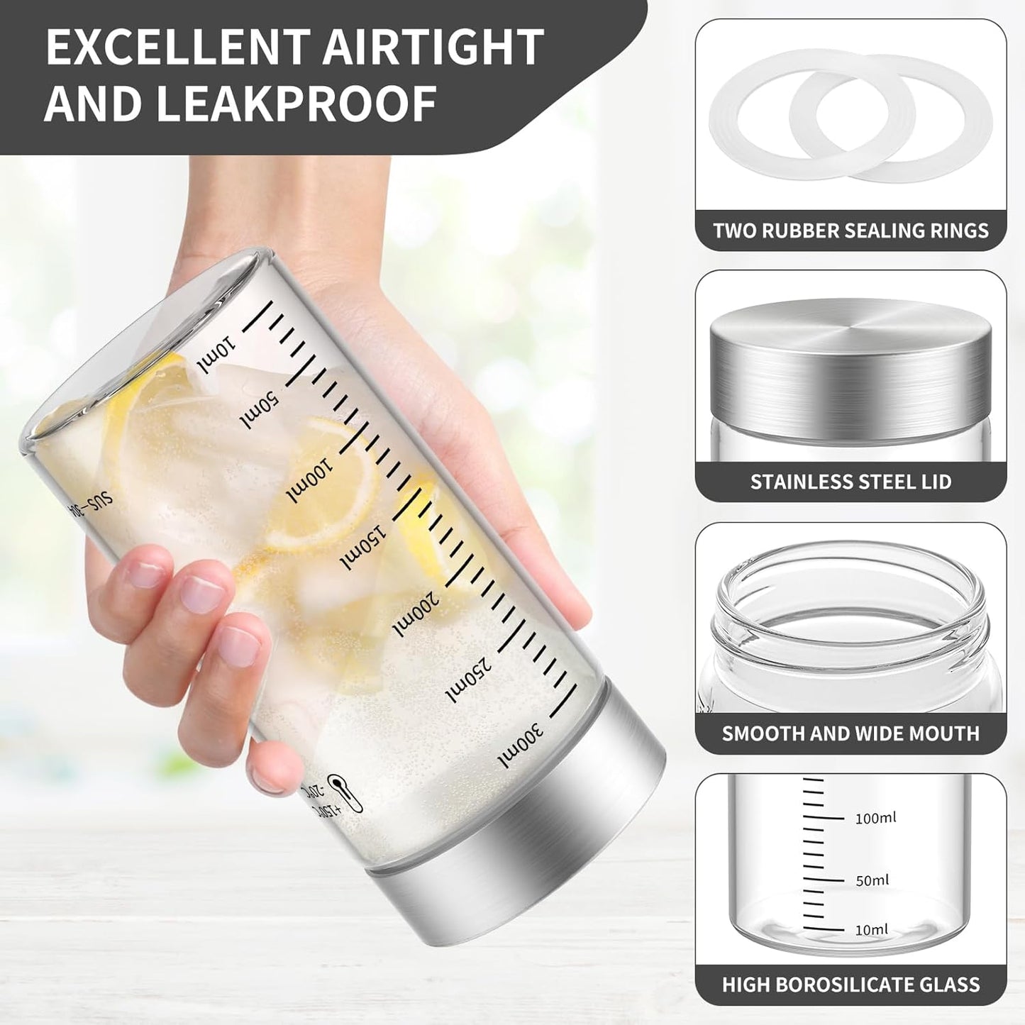 CWHHRN 4 Oz Glass Bottles, 2 Pack Glass Jar with Lid, Borosilicate Glass, Stainless Steel Lids for Juicing, Smoothies, Water Bottles, Food Storage, Shaker Bottles