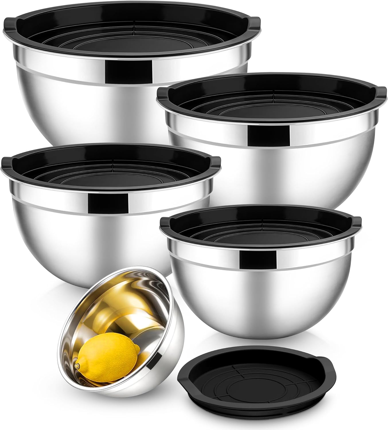 E-far Mixing Bowls with Lids, 6-Piece Stainless Steel Salad Bowls Metal Nesting Bowls for Baking Cooking and Prepping, Airtight Lids & Stackable Design, Size 4.5, 3, 1.5 QT (Black)