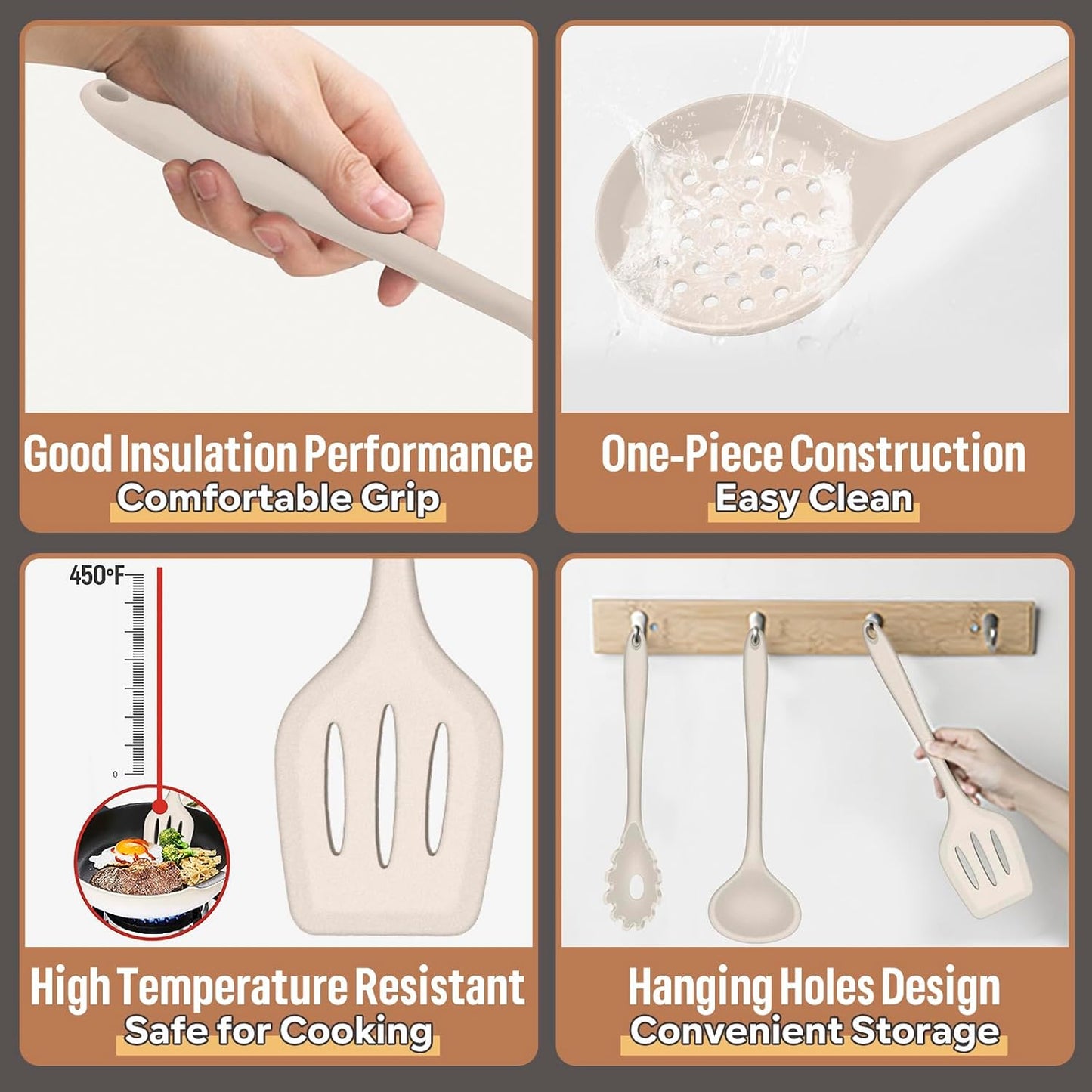 E-far Silicone Cooking Utensils Set, 7-Piece Black Heat Resistant Kitchen Utensils Set, Kitchen Nonstick Tools Spatula Ladle Spoon Pasta Server for Non-stick Cookware, Non-Toxic & Dishwasher safe