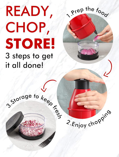 Geedel Food Chopper Vegetable Cutter, Easy to Clean Manual Veggie Onion Garlic Nut Chopper Dicer, Dishwasher Safe Vegetable Chopper with Container for Onions Nuts Garlic Veggies Salads, No BPA, Red
