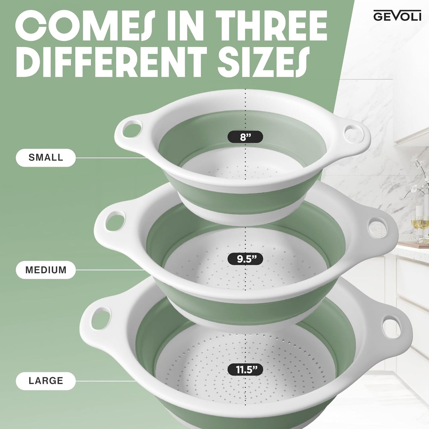 Gevoli Collapsible Colanders with Self-Draining Base for Edge of Sink, Food Strainers (Small/Med/Large), Nested Design for Easy Storage (Red, Blue, Green) (4PC Set)
