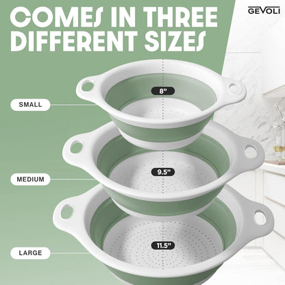 Gevoli Collapsible Colanders with Self-Draining Base for Edge of Sink, Food Strainers (Small/Med/Large), Nested Design for Easy Storage (Red, Blue, Green) (4PC Set)