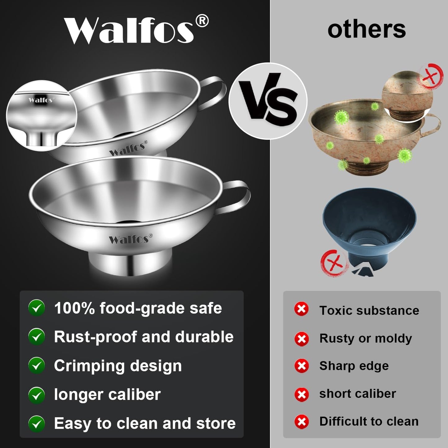 Stainless Steel Funnel, Walfos 3 Pack Kitchen Funnel with 2 Removable Strainer ＆ 1Pcs Cleaning Brush, Perfect for Transferring of Liquid, Oils, Jam, Dry Ingredients & Powder