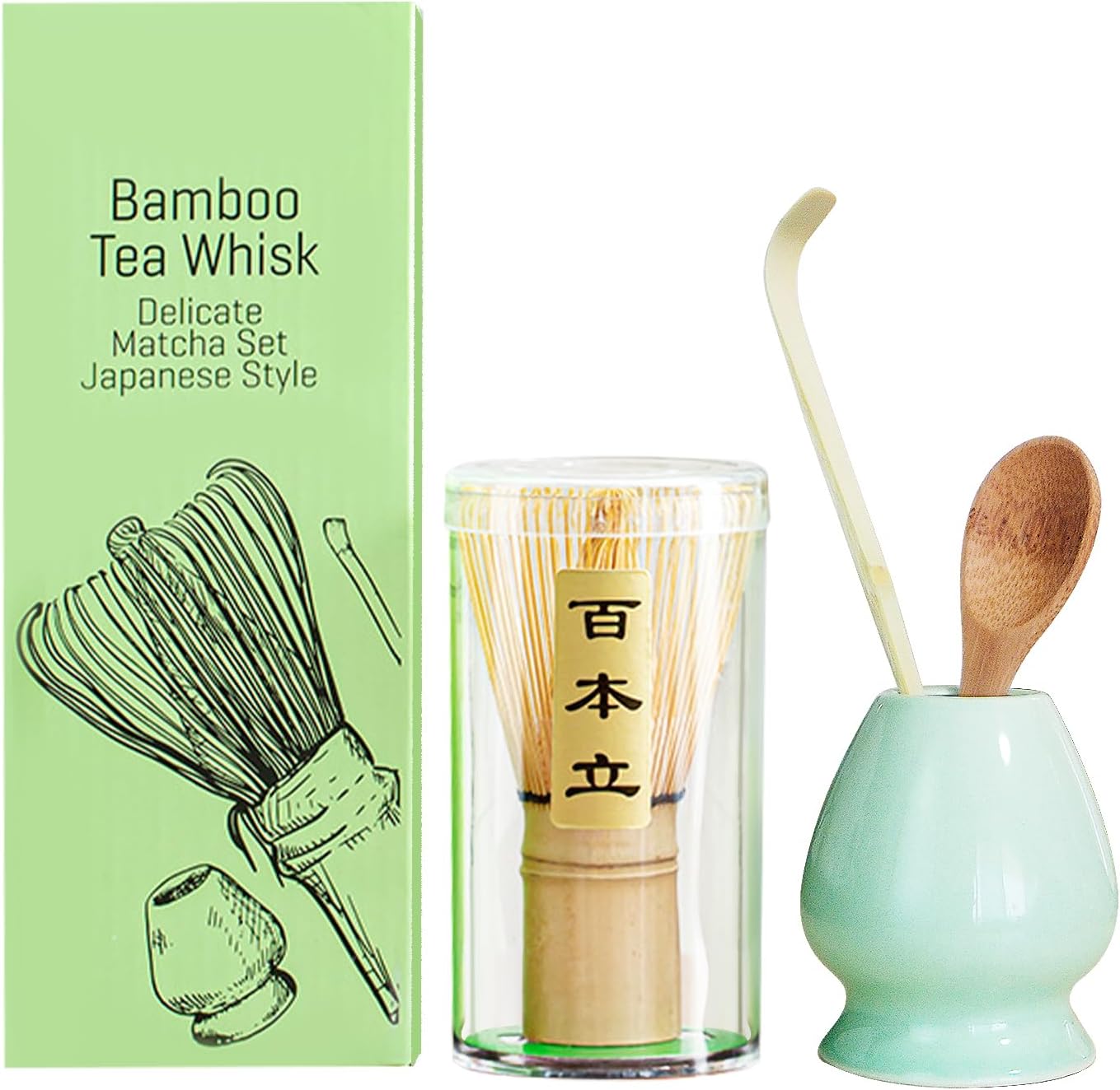Matcha whisk set - 4pcs - Includes Bamboo Matcha whisk, scoop,spoon,Matcha Whisk Holder. Essential matcha whisk set for a traditional tea ceremony and daily use