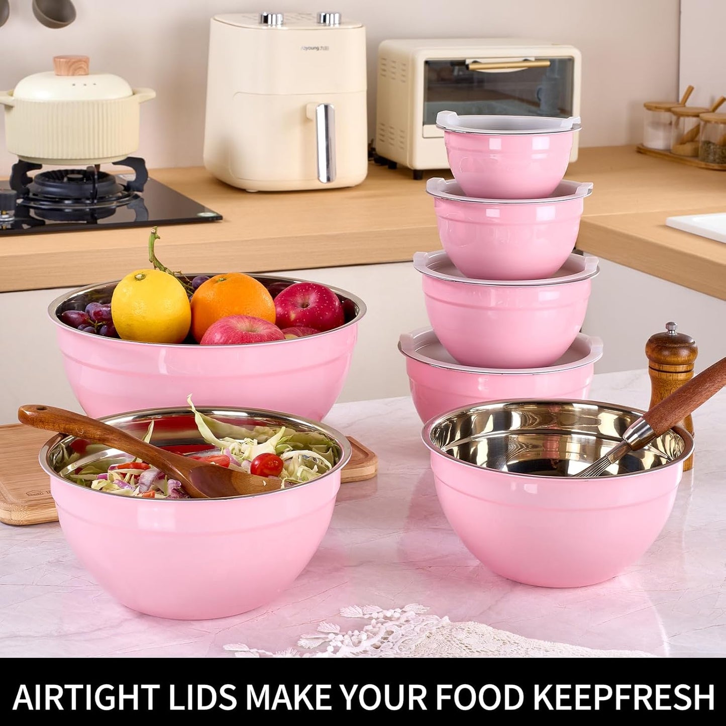 Red Mixing Bowls with Lids Set of 7, Stainless Steel Nesting Bowl with Khaki Lid for Non-slip Mixing Prepping Storing Serving, 7 Sizes-7/3.6/2.7/2.1/1.5/1/0.8 QT