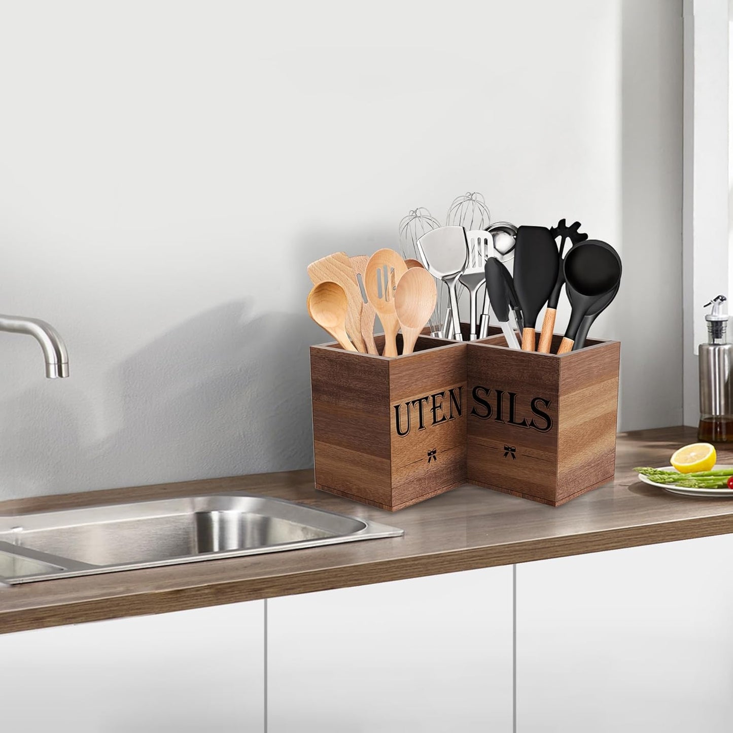 Suli Extra Large Kitchen Utensils Holder with 3 Compartments,Corner Utensil Caddy for Countertop,Wooden Utensil Organizer for Kitchen Countertop, Farmhouse Decor- Black