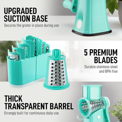 Zulay Kitchen Rotary Cheese Grater 5 Blade Cheese Shredder - Manual Hand Crank Cheese Grater With Reinforced Suction & 5 Interchangeable Drums - Easy to Use, Vegetable Chopper Round Mandoline Slicer - Colors A